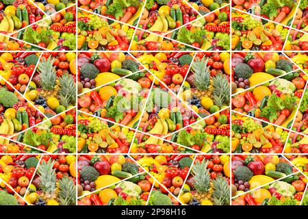 Beautiful seamless pattern wholesome colorful fruits, vegetables and berries. Stock Photo
