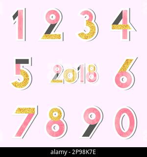 Set of vector numbers in watercolor pink and glittering golden colors. Stock Vector