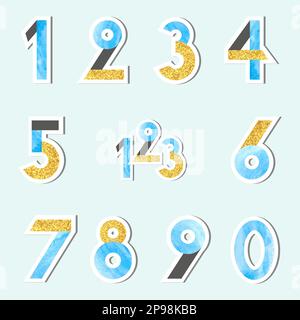 Set of vector numbers in watercolor blue and glittering golden colors. Stock Vector