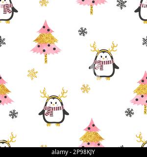 Christmas pattern with cute penguins and christmas trees, Vector holiday seamless background. Stock Vector