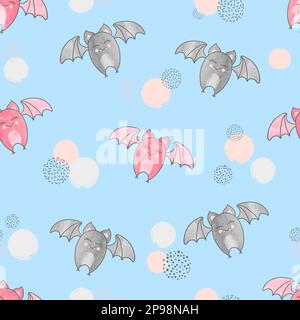 Seamless pattern with cute flying bats on blue. Vector background. Stock Vector