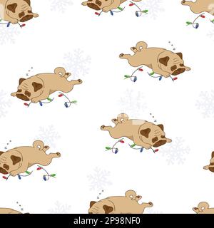 Seamless sleeping pugs and Christmas lights pattern. Vector holiday background with cute dogs. Stock Vector