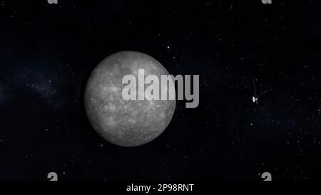 Space probe Approaching Planet Mercury. 3D Rendering Stock Photo