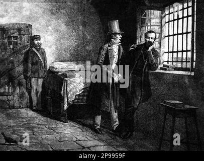 1860 ca : The italian politician GIUSEPPE MAZZINI ( 1805 - 1872 ) in jail . Illustration , XIX century - POLITICO - POLITICA - POLITIC  - Unita' d' Italia - Risorgimento  - foto storiche - foto storica - portrait - ritratto - beard - barba - illustrazione - incisione - engraving ----   Archivio GBB Stock Photo