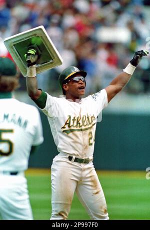 Oakland A's batter Rickey Henderson looks after striking out in the eighth  inning again against the Toronto Blue Jays, at the Oakland Coliseum, May  28, 1990. The Blue Jays beat the A's