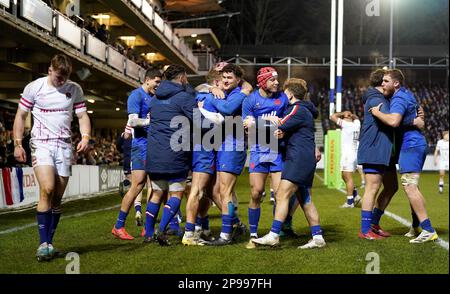 Emilien Gailleton of France celebrates his try during the 2025 Six