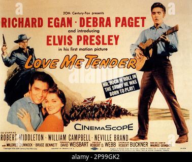 1956 : The advertising poster  for the movie LOVE ME TENDER   by Robert D. Webb with  ELVIS PRESLEY and Debra Paget and Richard Egan  - FILM - CINEMA   - poster pubblicitario - poster - advertising - locandina  ----   Archivio GBB Stock Photo