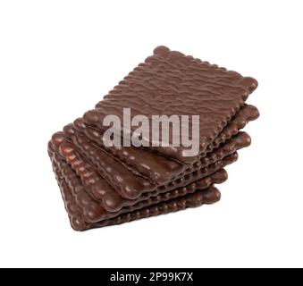 Biscuit Coated in Dark Chocolate Isolated, Square Cookies, Rectangular Shortbread, Crunchy Digestive Cookie on White Background Stock Photo