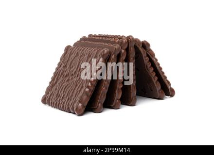 Biscuit Coated in Dark Chocolate Isolated, Square Cookies, Rectangular Shortbread, Crunchy Digestive Cookie on White Background Stock Photo