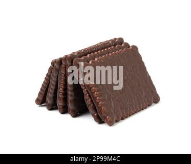 Biscuit Coated in Dark Chocolate Isolated, Square Cookies, Rectangular Shortbread, Crunchy Digestive Cookie on White Background Stock Photo