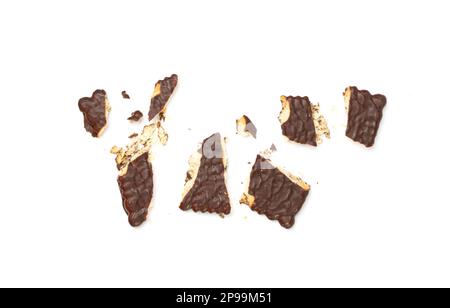 Broken Biscuit Coated in Dark Chocolate Isolated, Crumbled Square Cookies, Rectangular Shortbread Pieces, Crunchy Digestive Cookie Bites, Crumbs on Wh Stock Photo