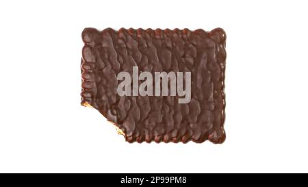Bitten Biscuit Coated in Dark Chocolate Isolated, Square Cookies, Rectangular Shortbread, Crunchy Digestive Cookie on White Background Top View Stock Photo