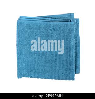 Folded Blue Towel Isolated. New Terry Cotton Towel, Soft Washcloth on White Background Top View Stock Photo