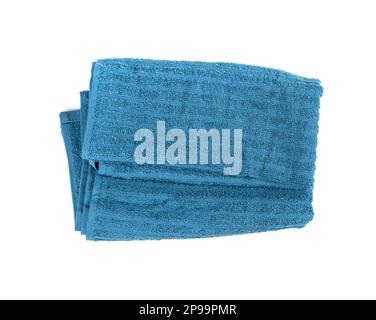 Folded Blue Towel Isolated. New Terry Cotton Towel, Soft Washcloth on White Background Top View Stock Photo