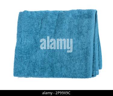Folded Blue Towel Isolated. New Terry Cotton Towel, Soft Washcloth on White Background Top View Stock Photo
