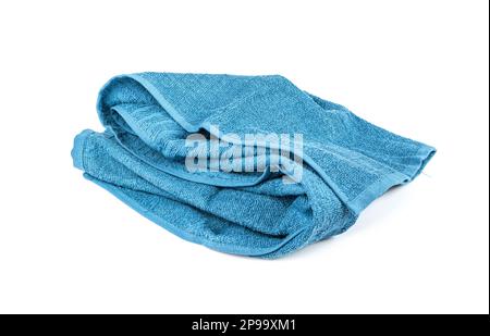Folded Blue Towel Isolated. New Terry Cotton Towel, Soft Washcloth on White Background Stock Photo