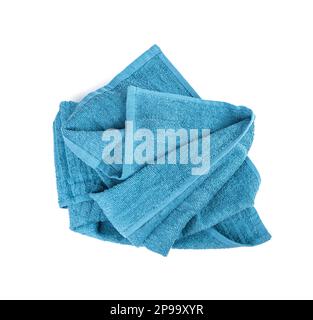 Crumpled Blue Towel Isolated. New Terry Cotton Towel, Wrinkled Soft Washcloth on White Background Top View Stock Photo