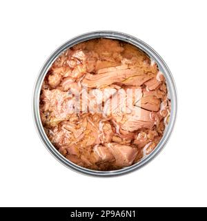 Canned Tuna Isolated, Albacore Fish Chunks in Open Tin Can, Tuna Oil Preserve, Seafood Conserve on White Background Top View Stock Photo