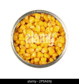 Canned Sweet Corn, Cooked Corn Kernels in a Tin Can Isolated Top View Stock Photo