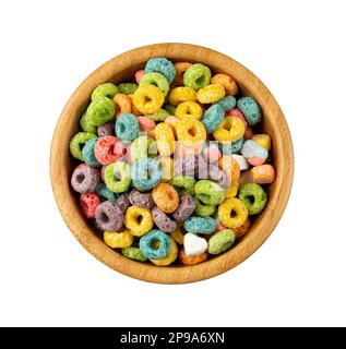 Colorful Breakfast Rings Pile in Bowl Isolated. Fruit Loops, Fruity Cereal Rings, Colorful Corn Cereals on White Background Top View Stock Photo