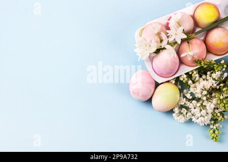 Colorful Easter eggs in a white stand with spring blooming daffodils and white lilac on a blue background. Happy Easter concept. Greeting card, copy s Stock Photo