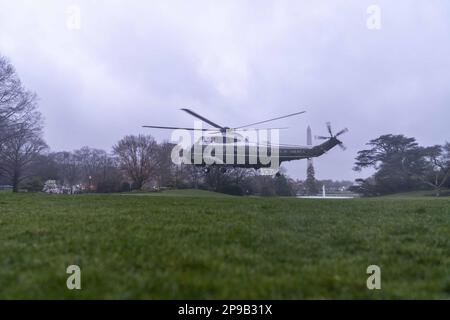Washington, United States. 10th Mar, 2023. Marine One departs the South Lawn of the White House in Washington, DC en route to Wilmington, Delaware on Friday, March 10, 2023. Photo by Bonnie Cash/UPI Credit: UPI/Alamy Live News Stock Photo