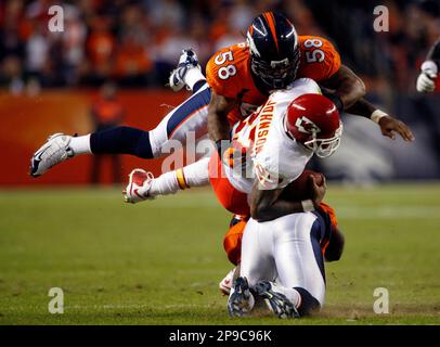 Denver Broncos safety Vernon Fox looks on during a preseason NFL football  game against the Chicago Bears at Invesco Field at Mile High in Denver,  Sunday, Aug. 30, 2009. (AP Photo/Jack Dempsey