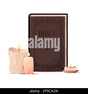 Holy Bible wax candle flame christian old flat set. Dark wooden book close cover melting wax drip hot candle stand burns easter dinner memorial prayer faith god jesus christ vintage icon isolated Stock Vector