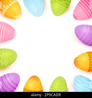 Happy Easter square card frame egg colorful. Rainbow classic greeting template traditional spring background candy color painted eggs geometric pattern kid cute border empty postcard religion holiday Stock Vector