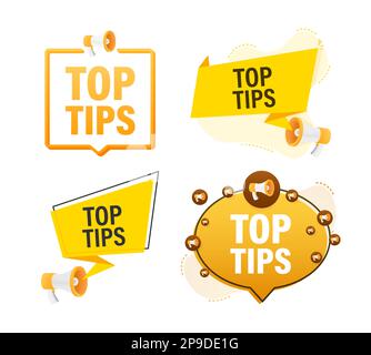 Megaphone label set with text Top tips. Megaphone in hand promotion banner. Marketing and advertising Stock Vector