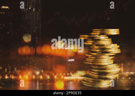 Multiple exposure of stacked coins, charts and night cityscape Stock ...