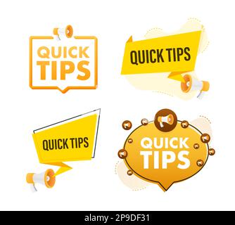 Megaphone label set with text quick tips. Megaphone in hand promotion banner. Marketing and advertising Stock Vector