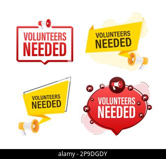 Megaphone label set with text Volunteers Needed. Megaphone in hand promotion banner. Marketing and advertising Stock Vector
