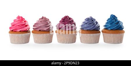 Different delicious colorful cupcakes on white background Stock Photo
