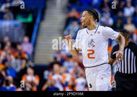 Greensboro, NC, USA. 10th Mar, 2023. Miami (Fl) Hurricanes guard Isaiah Wong (2) during the semifinals round of the Men's ACC Tournament against the Duke Blue Devils at Greensboro Coliseum in Greensboro, NC. (Scott Kinser/Cal Sport Media). Credit: csm/Alamy Live News Stock Photo