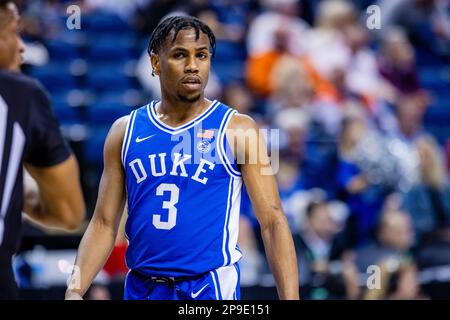 Greensboro, NC, USA. 10th Mar, 2023. Duke Blue Devils guard Jeremy Roach (3) during the semifinals round of the Men's ACC Tournament against the Miami (Fl) Hurricanes at Greensboro Coliseum in Greensboro, NC. (Scott Kinser/Cal Sport Media). Credit: csm/Alamy Live News Stock Photo