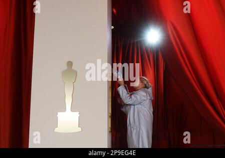 Hollywod, United States. 10th Mar, 2023. Workers prepare the decorations on the red carpet as preparations continue for the 95th Academy Awards in the Hollywood section of Los Angeles on Friday March 10, 2023. Oscar winners will be announced during an ABC telecast on March 12th. Photo by John Angelillo/UPI Credit: UPI/Alamy Live News Stock Photo