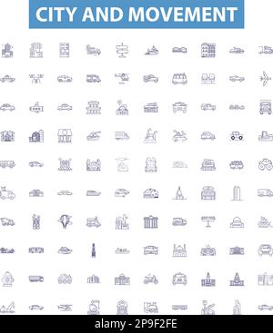 City and movement line icons, signs set. city, movement, transportation, urban, pedestrian, bike, car, bus, train outline vector illustrations. Stock Vector