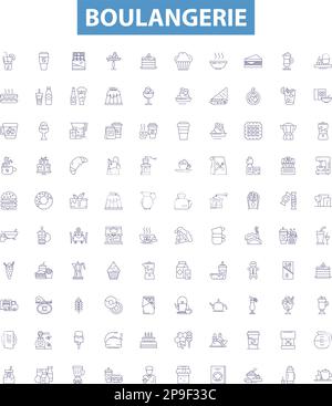 Boulangerie line icons, signs set. Bakery, Patisserie, Bread, Croissant, Cookies, Viennoiserie, Cake, Tart, Macaron outline vector illustrations. Stock Vector