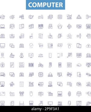 Computer line icons, signs set. Hardware, Software, Data, Network, Monitor, Keyboard, Mouse, Processor, Memory outline vector illustrations. Stock Vector