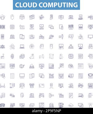 Cloud computing line icons, signs set. Cloud, Computing, Infrastructure, Platform, Services, Storage, Virtualization, Software, Security outline Stock Vector