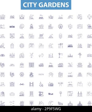 City gardens line icons, signs set. Urban, Park, Green, Plaza, Vegetation, Lawns, Paths, Walkways, Trees outline vector illustrations. Stock Vector