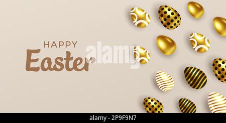 happy easter horizontal banner illustration with 3d golden eggs Stock Vector