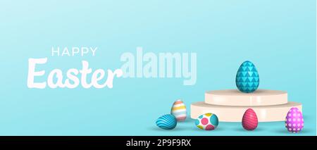 happy easter banner illustration with 3d podium and colorful eggs Stock Vector