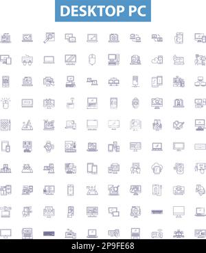 Desktop pc line icons, signs set. Computer, Desktop, PC, Desktop PC, Workstation, Tower, Monitor, Mouse, Keyboard outline vector illustrations. Stock Vector