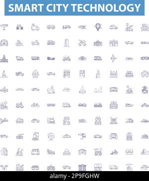 Smart city technology line icons, signs set. Smart, City, Technology, IoT, Infrastructure, Cloud, AI, Analytics,5G outline vector illustrations. Stock Vector