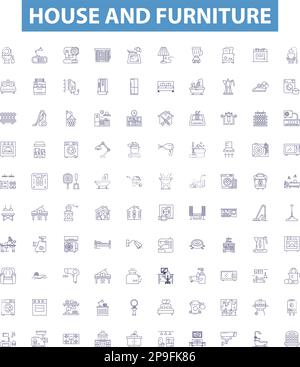 House and furniture line icons, signs set. house, furniture, home, decor, design, style, space, room, living outline vector illustrations. Stock Vector