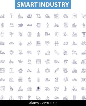 Smart industry line icons, signs set. Industry 40, AI, Automation, IoT, Manufacturing, Robotics, Digitalization, Data, Connectivity outline vector Stock Vector