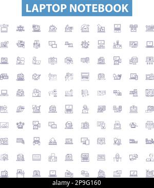 Laptop notebook line icons, signs set. laptop, notebook, computer, portable, device, technology, hardware, software, operating outline vector Stock Vector