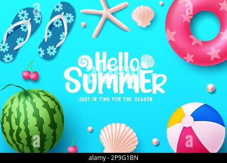 Hello summer vector background. Hello summer text with beach elements like watermelon, floater and beach ball. Vector illustration summer holiday. Stock Vector